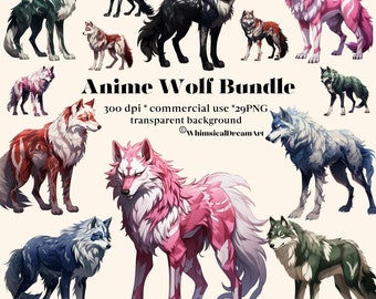 May include: A digital art bundle of 29 anime wolf illustrations. The wolves are in various poses and have different colored fur, including pink, blue, green, and red. The text "Anime Wolf Bundle" is at the top of the image, and the text "300 dpi * commercial use * 29 PNG transparent background" is below it.