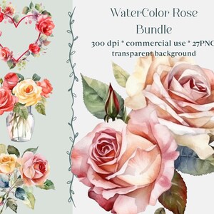 27 Aquarell rote und rosa Rosen Clipart - Rosen und Blätter im PNG-Format sofortiger Download für kommerzielle Nutzung, Blumen, Kränze, Herzen, Vase
