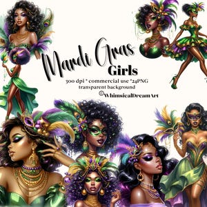 24 Aquarela Mardi Gras Mulher negra Clipart, Afro-americano, Dançarina de carnaval, Colar de contas, Terça-feira gorda PNG, Nova Orleans, arte negra