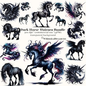 34 aquarel gotische paard clipart, mooie eenhoorn bundel, aquarel PNG, donkere Pegasus magie, magische sprookjesachtige illustraties, uniek