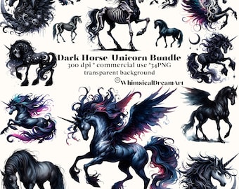 May include: A digital art bundle of 34 dark horse and unicorn illustrations. The images feature black horses with wings, skulls, and stars. The text "Dark Horse Unicorn Bundle 300 dpi * commercial use * 34 PNG transparent background @WhimsicalDreamArt" is included in the image.