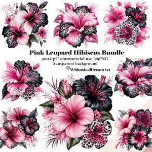 May include: A digital collection of floral arrangements featuring pink and black hibiscus flowers with leopard print patterns. The text reads Pink Leopard Hibiscus Bundle, 300 dpi, commercial use, 29 PNG, transparent background, and WhimsicalDreamArt.