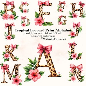 May include: Tropical Leopard Print Alphabet with pink bows and hibiscus flowers. The letters are decorated with a leopard print pattern. The image includes the text "Tropical Leopard Print Alphabet".