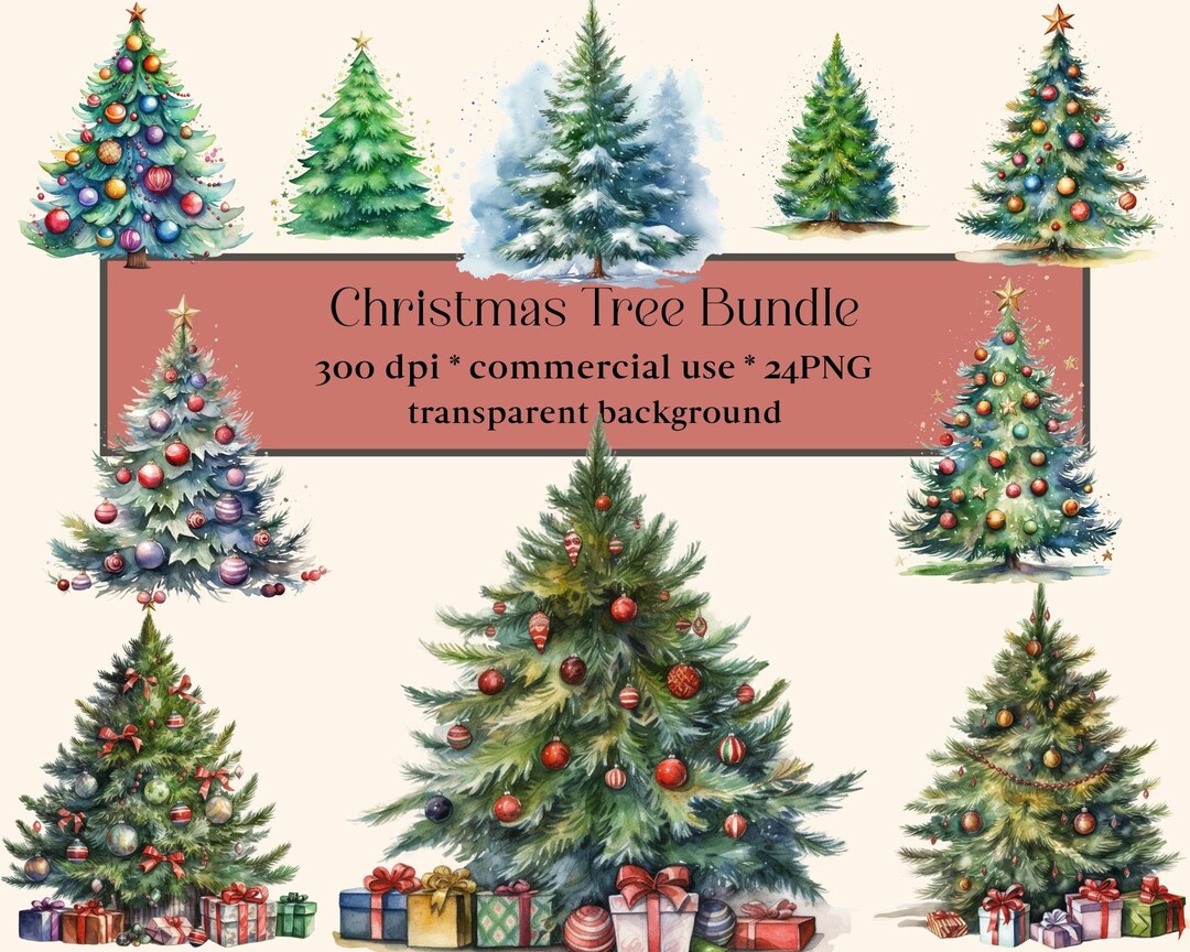 24 Watercolor Christmas Trees Clipart, PNG Digital Tree, Digital ...
