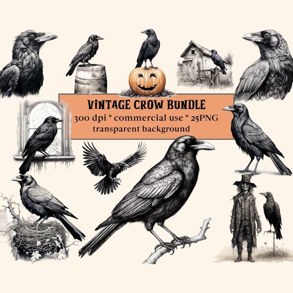 25 Vintage Crow Clipart, Aquarelle fantasy, Halloween Ravens, PNG graphics instant download, Cute Bird PNG, Antique Bird, Witch familiar