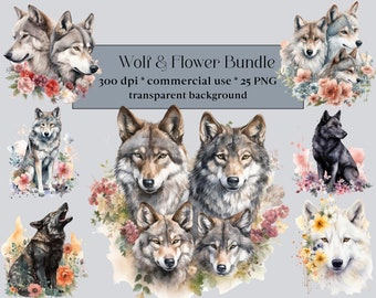 May include: A digital download of 25 watercolor illustrations of wolves and flowers. The images are 300 dpi and have transparent backgrounds. The images feature wolves in various poses, including howling, sitting, and standing. The flowers are in a variety of colors, including pink, purple, and yellow.