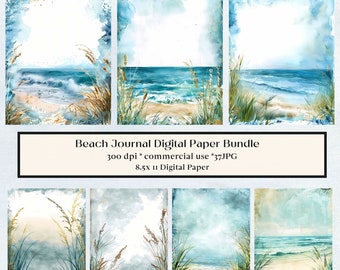 May include: A set of six digital papers featuring watercolor illustrations of a beach scene with blue water, white sand, and green grass. The papers are 8.5 inches by 11 inches and 300 dpi. They are for commercial use.