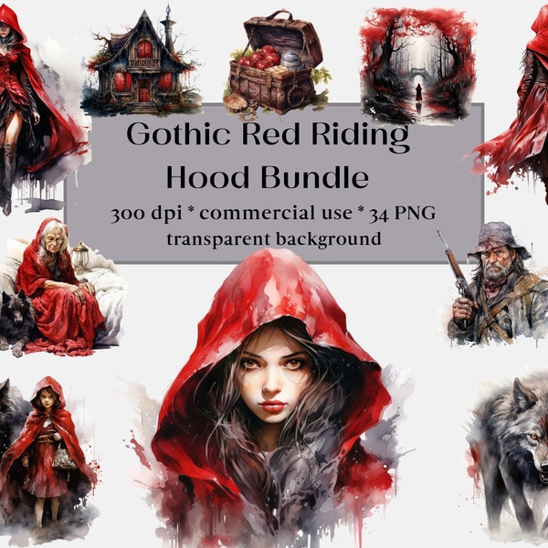 34 PNG Watercolour Red Riding Hood Clipart, Little Red Riding Hood, Dark Fairy tale Clip art, Fantasy Gothic Fairytale Junk Journal Ephemera