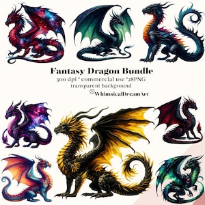 May include: A digital download bundle of eight fantasy dragon illustrations. The dragons are depicted in various poses and colors, including red, green, purple, black, and gold. The dragons have wings, horns, and scales. The text "Fantasy Dragon Bundle" is displayed at the bottom of the image.