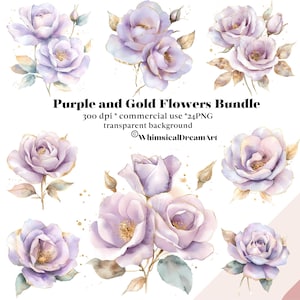 24 clipart de flores roxas e douradas em aquarela, conjunto de flores abstratas em aquarela roxa, casamento, mães, JPG de alta qualidade, download instantâneo