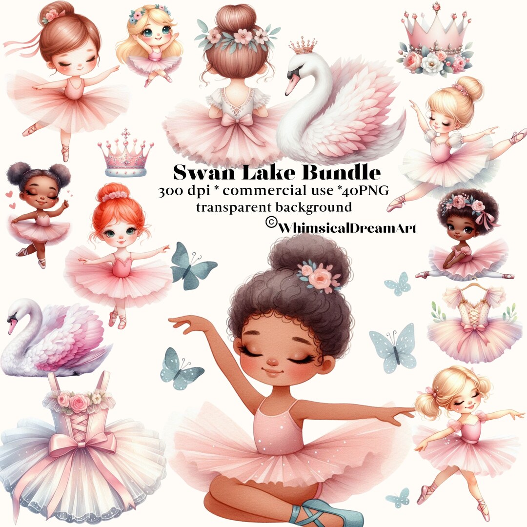 40 Cute Ballerina Watercolor Clipart, Pink Ballerina Bundle, Swan Lake ...