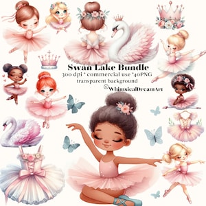 40 niedliche Ballerina Aquarell Clipart, rosa Ballerina-Bundle, Schwanensee PNG, süßes Ballett, Schwan PNG, kommerzielle Nutzung, Prinzessin, kleines Mädchen