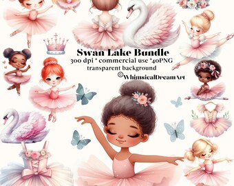 40 Cute Ballerina Watercolor Clipart, Pink Ballerina Bundle, Swan Lake PNG, Cute ballet, Swan PNG, Commercial Use, Princess, Little Girl
