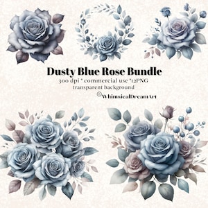 12 Watercolor Dusty Blue Rose Collection Clipart, Dusty Rose & Blue PNG, Roses Clipart, Floral Clipart, Floral Borders PNG, Commercial Use