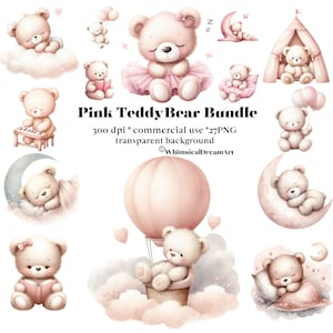 27 Aquarell rosa schläfrige Teddybär Clipart, Babyparty PNG, Vintage Teddybär, niedlichen Teddy Download, Teddybär Bundle, kommerzielle Nutzung