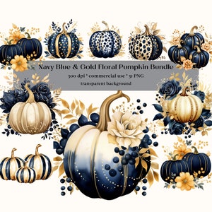 31 Clipart de outono em aquarela azul marinho, flores secas, clipart floral de abóboras, pacote de fazenda de outono, decoração rústica vintage de ação de graças png