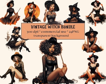 24 Watercolor Vintage Witch Clip Art Pack, Spooky Halloween Clipart PNG, Planner Stickers, Autumn, PNG, Scary, Fall, Junk Journal, Scrapbook