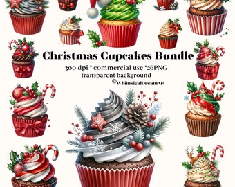 27 Christmas Cupcakes Clipart Bundle, Watercolor Festive Dessert, Junk Journals, Scrapbooks, Planners, Commercial Use, Digital Download