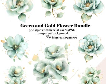 24 Watercolor Green and Gold Flower Clipart, Abstract Green Watercolor Floral Bundle, Mint Green & Gold, High Quality JPG, Instant Download