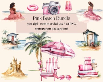 42 Pink Beach Bundle, Ocean Travel, Digital Beach Clipart, Watercolor Summer Holiday Clipart, Edición rosa, Vacaciones, Uso comercial gratuito.