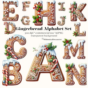 Letras decorativas de imágenes prediseñadas de pan de jengibre de Navidad, arte digital de uso comercial, sublimación del alfabeto, scrapbooking, diario, Santa Navidad, ABC