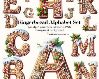Christmas Gingerbread Clipart Decorative Letters, Commercial Use Digital Art, Alphabet Sublimation, Scrapbooking, Journal, Santa Xmas, ABC