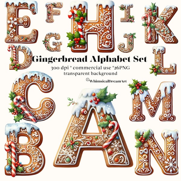 Christmas Gingerbread Clipart Decorative Letters, Commercial Use Digital Art, Alphabet Sublimation, Scrapbooking, Journal, Santa Xmas, ABC