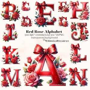 Letras decorativas de imágenes prediseñadas de rosa roja, conjunto de alfabeto en mayúsculas, alfabeto floral de acuarela, monograma de letra floral, inicial floral, floral png