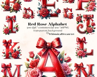 Red Rose Clipart Decorative Letters, Uppercase Alphabet Set, Watercolor floral alphabet, floral letter monogrm, floral initial,floral png