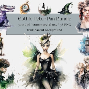 38 PNG Aquarell Gothic Peter Pan Clipart, Wendy, Kapitän Hook, Tinker Bell, Märchen, Dark Fantasy Bilder, Nimmerland Charakter Bundle