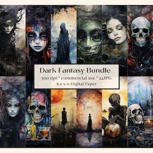 Könnte beinhalten: Ein digitales Papierpaket mit 24 Bildern zum Thema dunkle Fantasy. Die Bilder zeigen Schädel, dunkle Gestalten und Waldszenen. Die Bilder haben eine Auflösung von 300 dpi und sind 8,5 Zoll mal 11 Zoll groß.
