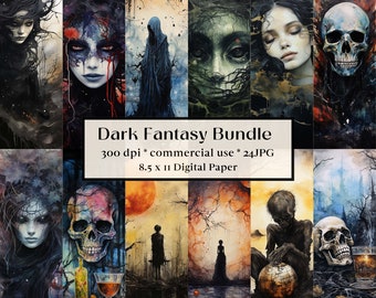 May include: A digital paper pack with 24 dark fantasy themed images. The images feature skulls, dark figures, and forest scenes. The images are 300 dpi and are 8.5 inches by 11 inches.
