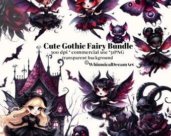 31 Watercolor Cute Gothic Fairy Clipart, Beautiful Pixie Bundle, Watercolour Fairies PNG, Dark Faerie Magic, Magical Fairytale Illustration