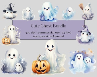 24 Clipart fantôme mignon, aquarelle Halloween PNG, Images de Collage fantasmagorique, Junk Journal Bundle, planificateur numérique, artisanat en papier, mystique