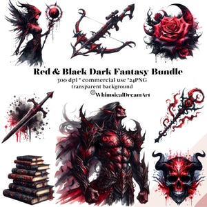24 akwarelowe ciemne fantasy clipart, piękne wróżki pakiet, akwarelowy sztylet PNG, mroczna magia książki, magiczne ilustracje bajek