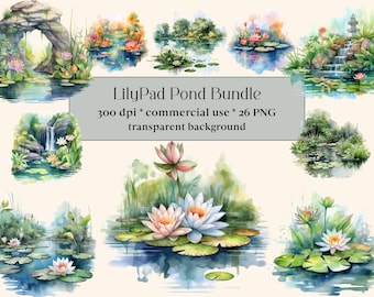 26 Aquarell Seerosenteich Clipart - Frühling Seerosenblatt und Frosch Teich PNG Format sofortiger download, Florale Designs, Wasserfall, Wald