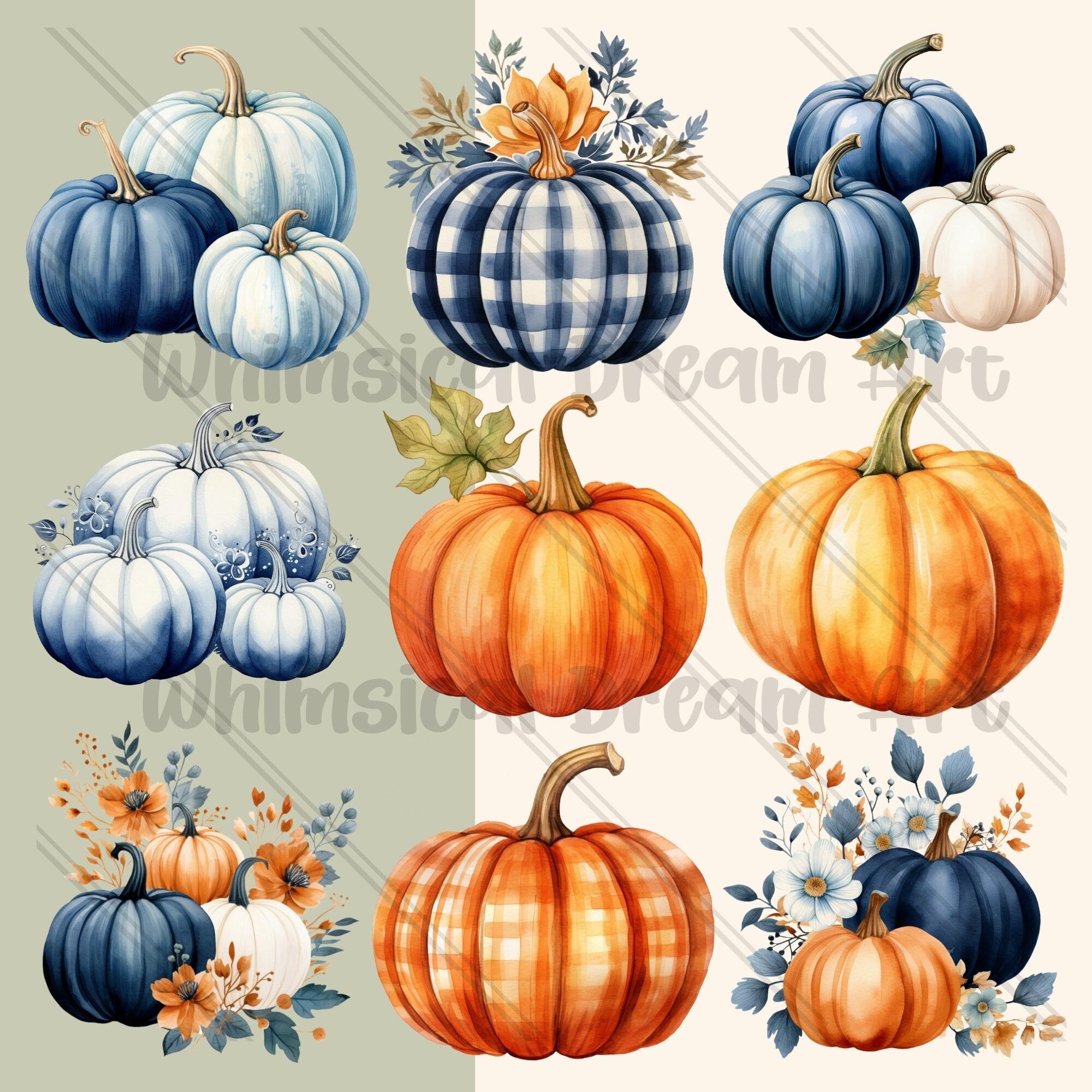 40 Watercolor Blue Fall Clipart, Dry Flowers, Pumpkins Floral Clipart ...