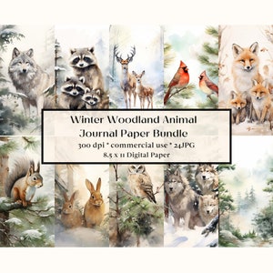 24 páginas imprimibles del diario basura del bosque de acuarela, kit de diario basura de animales del bosque de invierno, papel del diario basura de invierno, hoja de collage digital