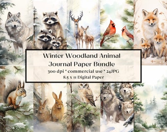 May include: A digital paper pack featuring watercolor illustrations of woodland animals in a winter setting. The pack includes images of wolves, foxes, raccoons, deer, owls, squirrels, and cardinals. The images are 300 dpi and are suitable for commercial use. The paper is 8.5 x 11 inches.