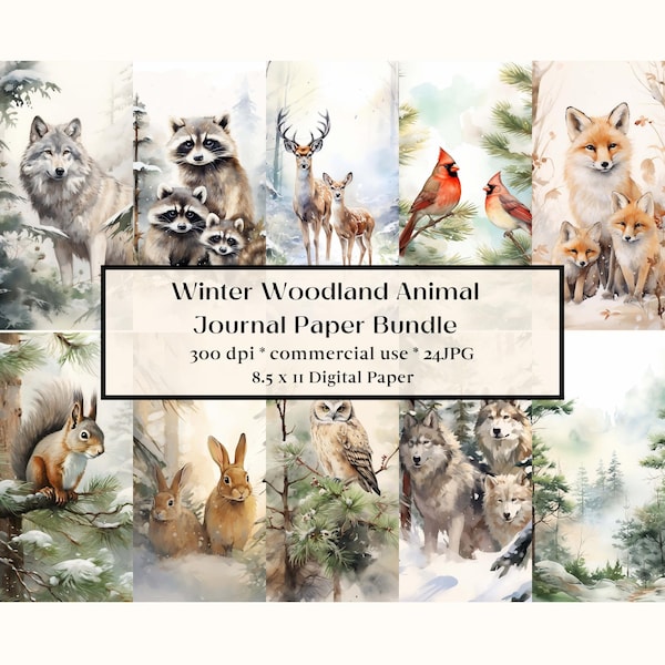 24 Watercolor Forest Junk Journal Printable Pages, Winter Woodland Animal Junk Journal Kit, Winter Junk Journal Paper, Digital Collage Sheet