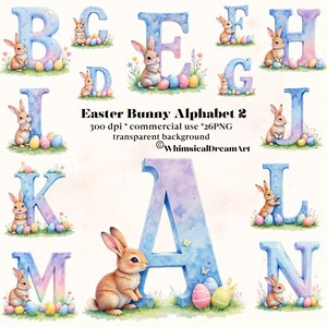 Pode incluir: Conjunto de aquarela Easter Bunny Alphabet 2. Cada letra é azul pastel e roxa com um coelhinho e ovos de Páscoa. A imagem inclui o texto "Easter Bunny Alphabet 2" e "WhimsicalDreamArt".