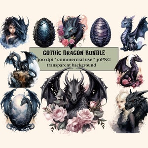 30 PNG Watercolour Gothic Dragons Clipart, Dark Fantasy Black Dragon, Dragon bundle,  Card Making, Scrapbook, Junk Journal, Paper Crafts
