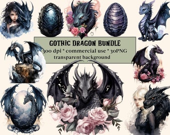 30 PNG Watercolour Gothic Dragons Clipart, Dark Fantasy Black Dragon, Dragon bundle,  Card Making, Scrapbook, Junk Journal, Paper Crafts