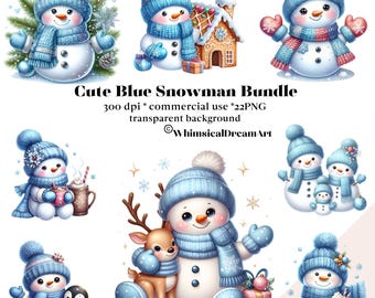 24 Clipart di pupazzi di neve blu pastello natalizi, grafica di pupazzi di neve festivi, clipart natalizie, uso commerciale, download digitale, carino inverno