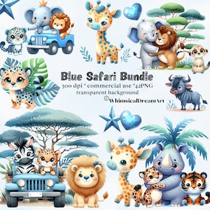 42 aquarel blauwe safari dieren clipart PNG bundel, baby dier, jongen verjaardagsfeestje, transparante achtergrond, digitale download, Nuetral