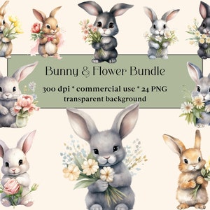 34 Baby Bunnies & Blumen Clipart, Kinderzimmer Frühling, Kinder, Gänseblümchen, Wildblumen, Ostern, süßer Frühling Kaninchen, Blumen, Babyparty