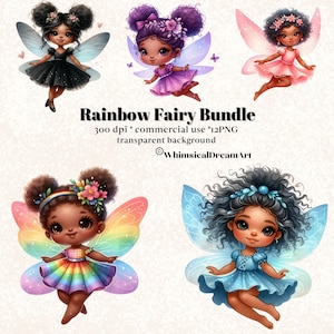 12 Watercolor Rainbow Fairy Collection Clipart, African American Pixie, Floral PNG, Magical Nursery, Black Girl Magic, Commercial Use