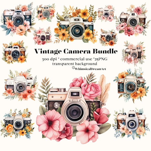 25 Aquarell Vintage Kameras Clipart, Boho Vintage Clipart, Blumen Kamera png, digitale Grafik für kommerziellen Gebrauch, sofort-Download