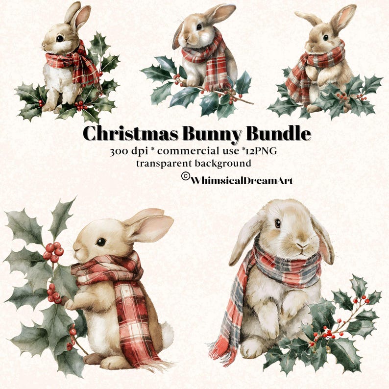12 Christmas Bunny Clipart, Retro Bunny, Printable Watercolor Clipart ...