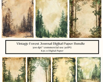 30 Watercolor Forest Junk Journal Printable Pages, Vintage Watercolor Forest Junk Journal, Forest Paper, Woodland Kit, Hiking Journal